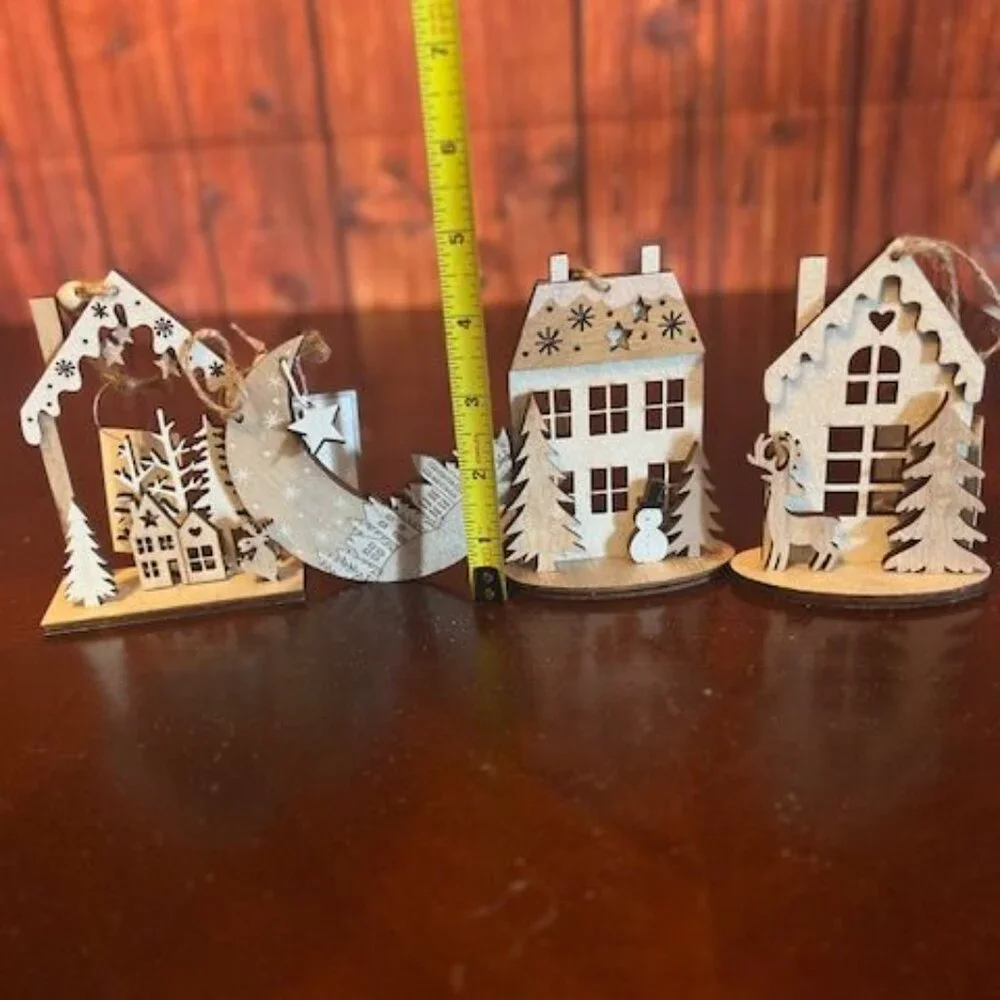 Set Of 4 Wooden Christmas House christmas Ornaments With Reindeer , Snowman,moon